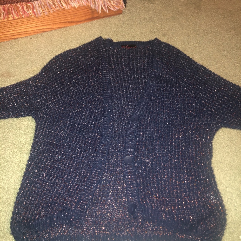 blue cardigan sweater with gold detailing 💛